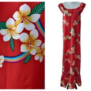 Pomare Hawaii Womens Vintage Red Hibiscus Rainbows Ruffle Aloha Dress Flaw? 14
